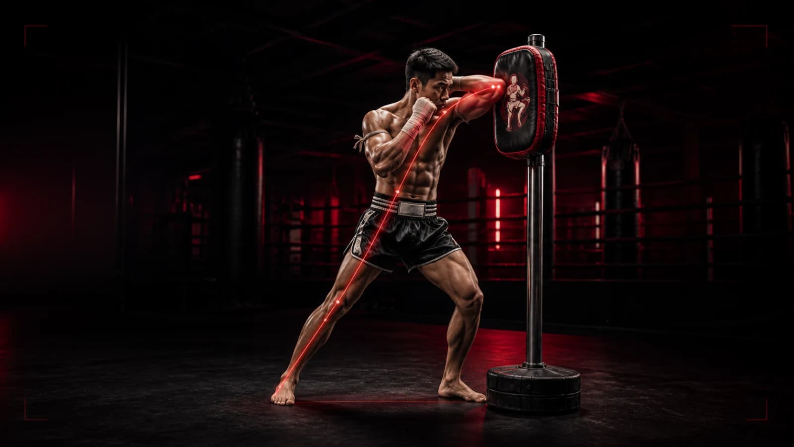 Muay-Thai-AI-Analyse eines kontrollierten horizontalen Ellbogens am Pad
