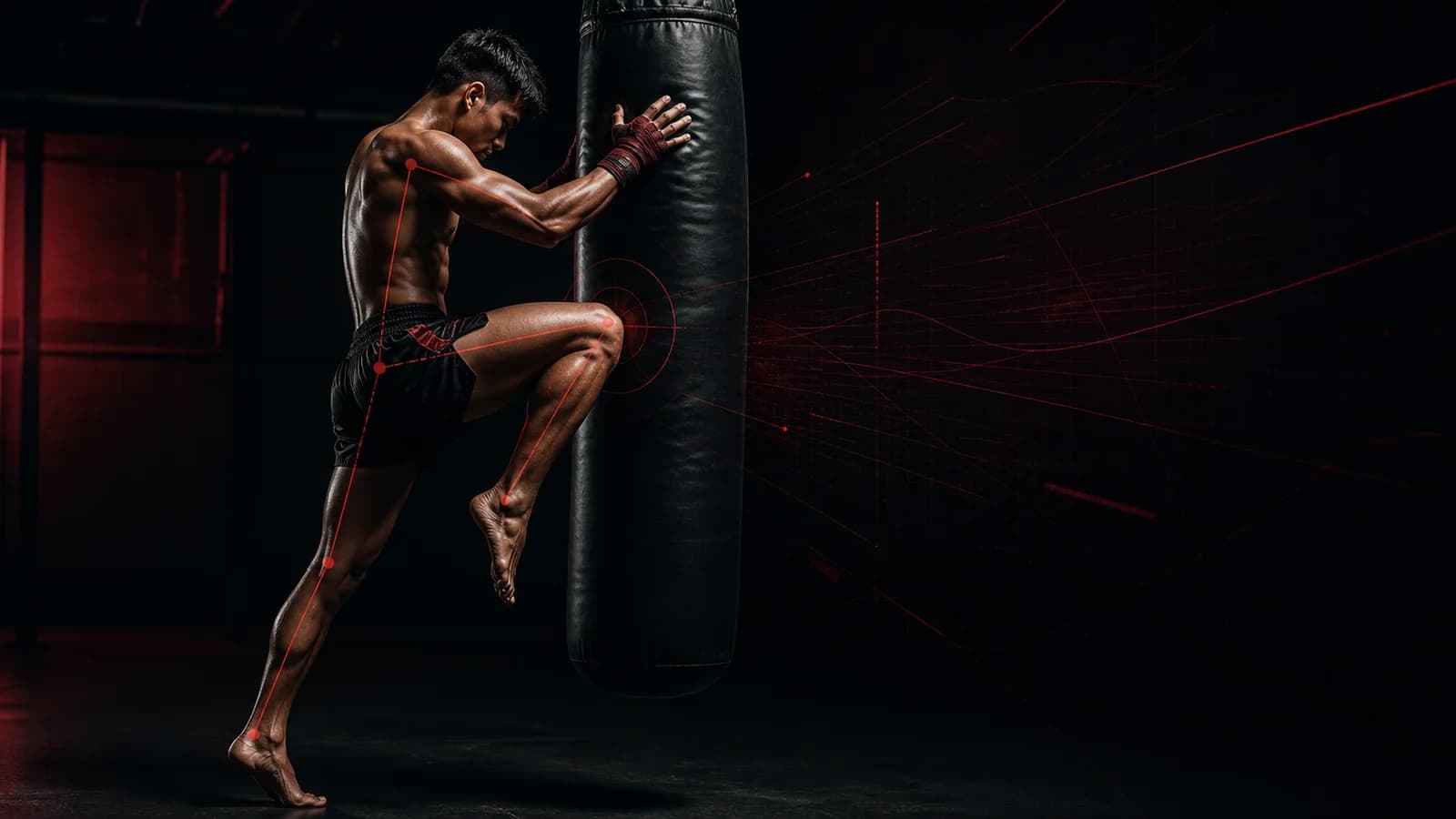 تحليل Muay Thai AI لرياضي يدفع بركبته المستقيمة نحو كيس التدريب الثقيل