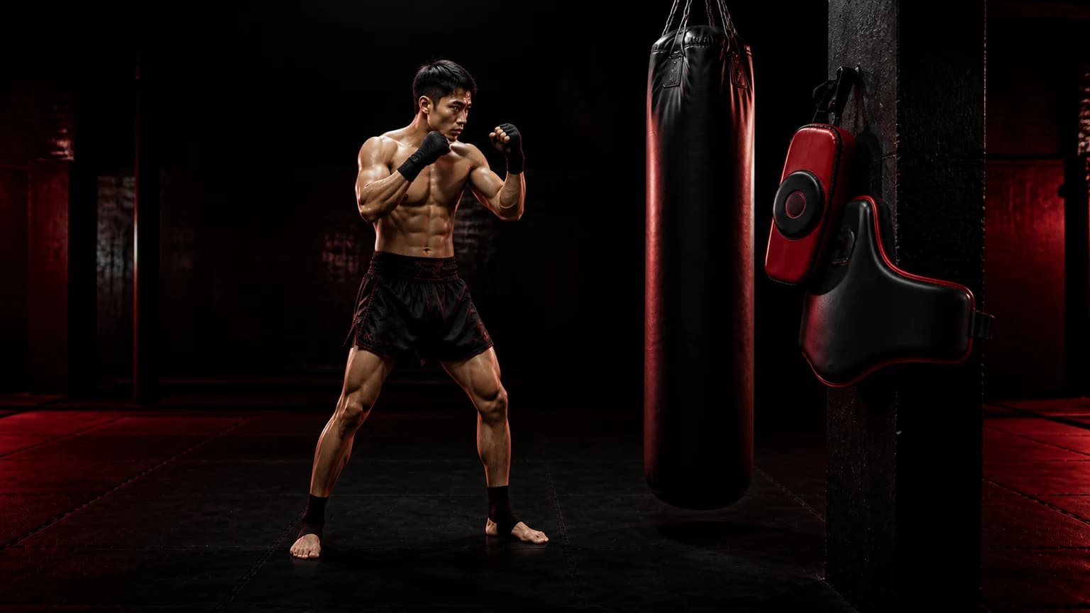 A beginner practices a balanced Muay Thai stance beside pads in a restrained crimson and black gym