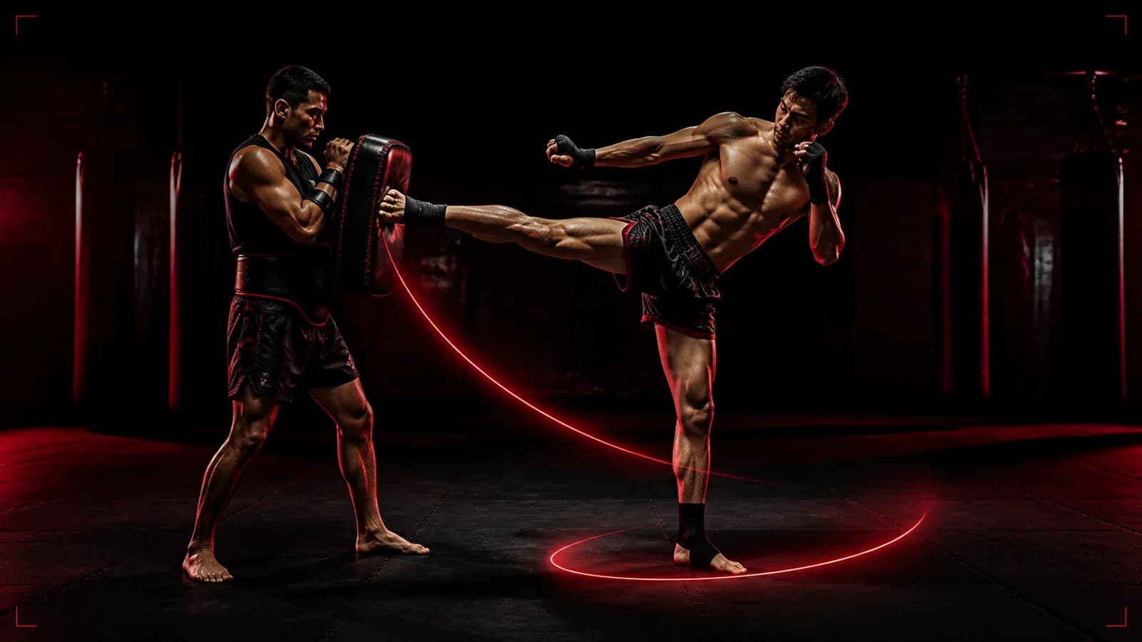 Atleta de Muay Thai gira o corpo durante um chute circular controlado contra um aparador segurado com segurança, com a guarda visível