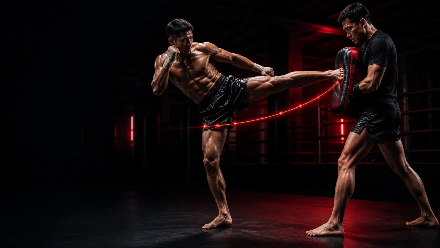 Muay Thai athlete practices a compact switch before a lead round kick beside pads in a crimson gym