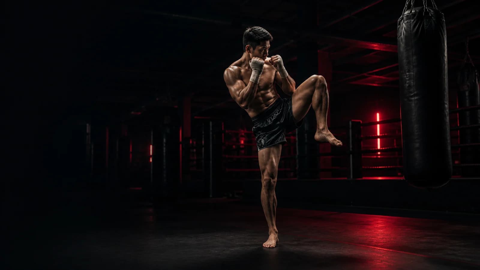 Atleta de Muay Thai ensaiando uma elevação do joelho de chute controlada em academia escura com iluminação prática carmesim